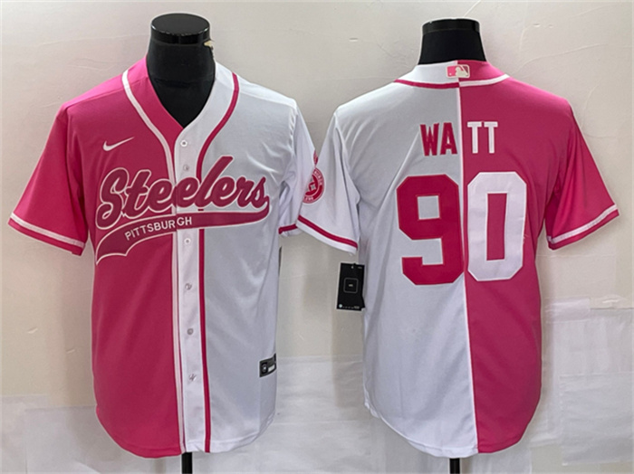 Personalized Men’s Pittsburgh Steelers #90 T.J. Watt White Pink Split Cool Base Stitched Baseball Jersey