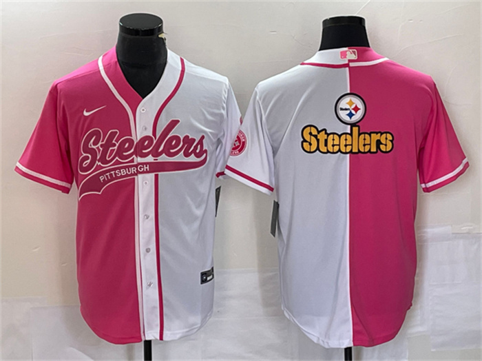Personalized Men’s Pittsburgh Steelers White Pink Split Team Big Logo Cool Base Stitched Baseball Jersey