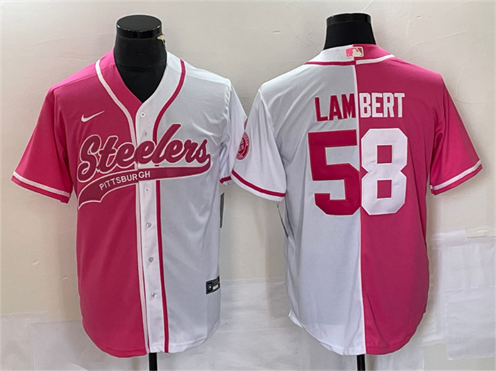 Personalized Men’s Pittsburgh Steelers #58 Jack Lambert White Pink Split Cool Base Stitched Baseball Jersey