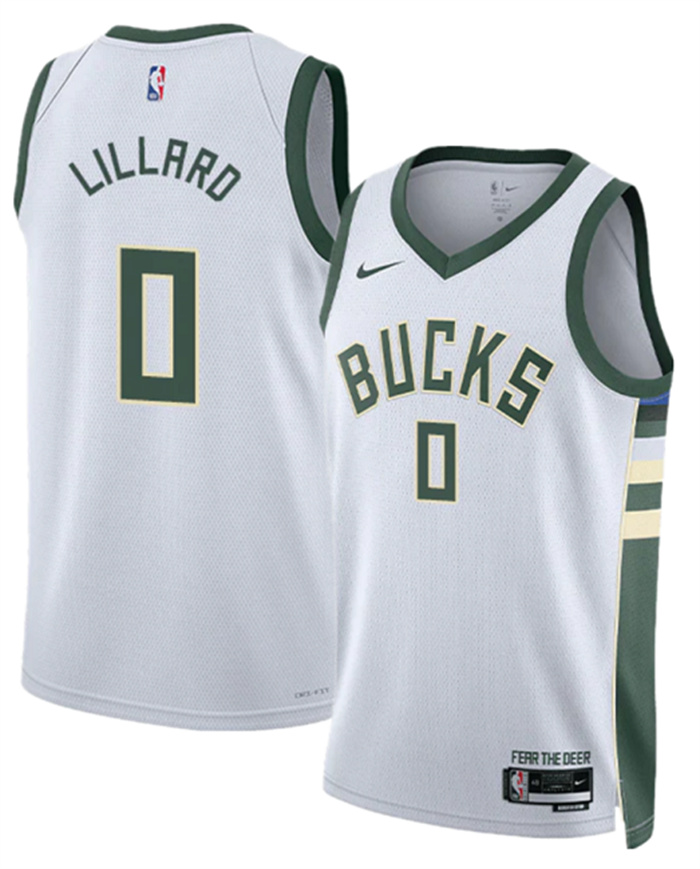 Personalized Men’s Milwaukee Bucks #0 Damian Lillard White Association Edition Stitched Basketball Jersey