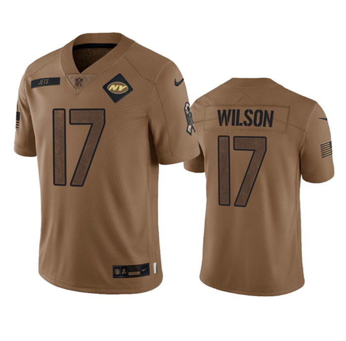 Personalized Men’s New York Jets #17 Garrett Wilson 2023 Brown Salute To Service Limited Stitched Football Jersey