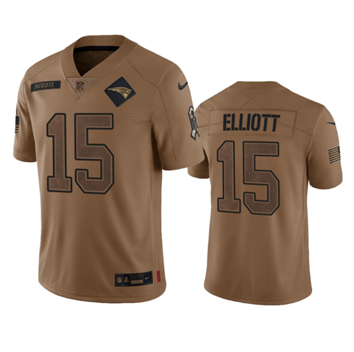 Personalized Men’s New England Patriots #15 Ezekiel Elliott 2023 Brown Salute To Service Limited Stitched Football Jersey