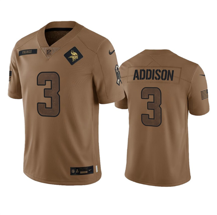 Personalized Men’s Minnesota Vikings #3 Jordan Addison 2023 Brown Salute To Service Limited Stitched Jersey