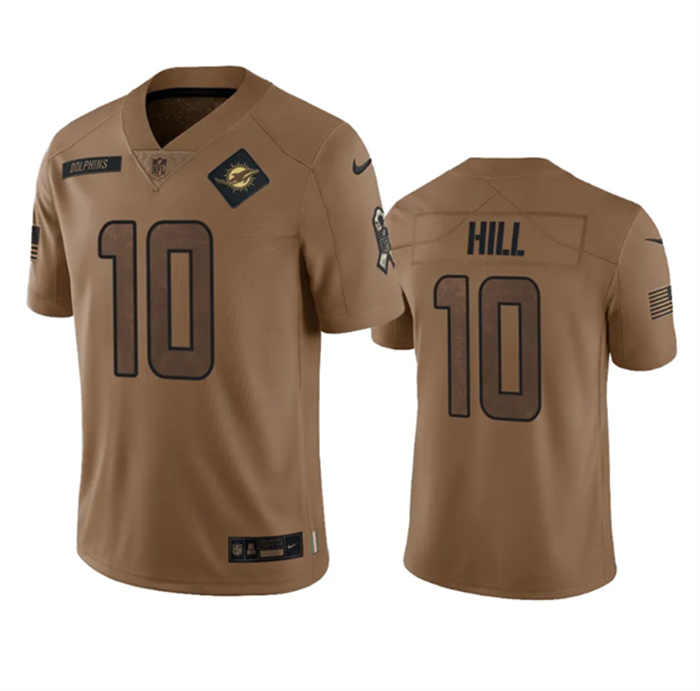 Personalized Men’s Miami Dolphins #10 Tyreek Hill 2023 Brown Salute To Service Limited Stitched Football Jersey