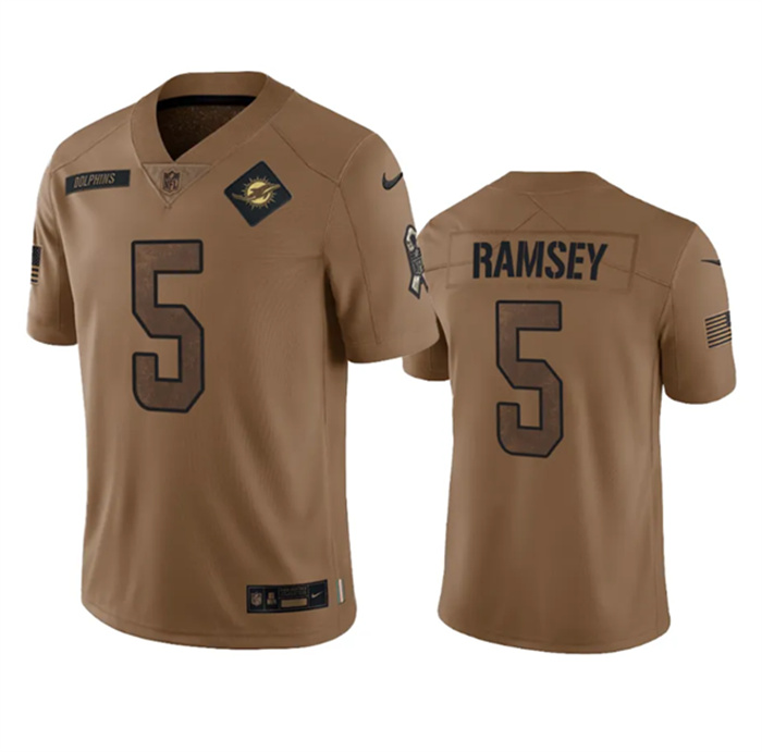 Personalized Men’s Miami Dolphins #5 Jalen Ramsey 2023 Brown Salute To Service Limited Stitched Football Jersey