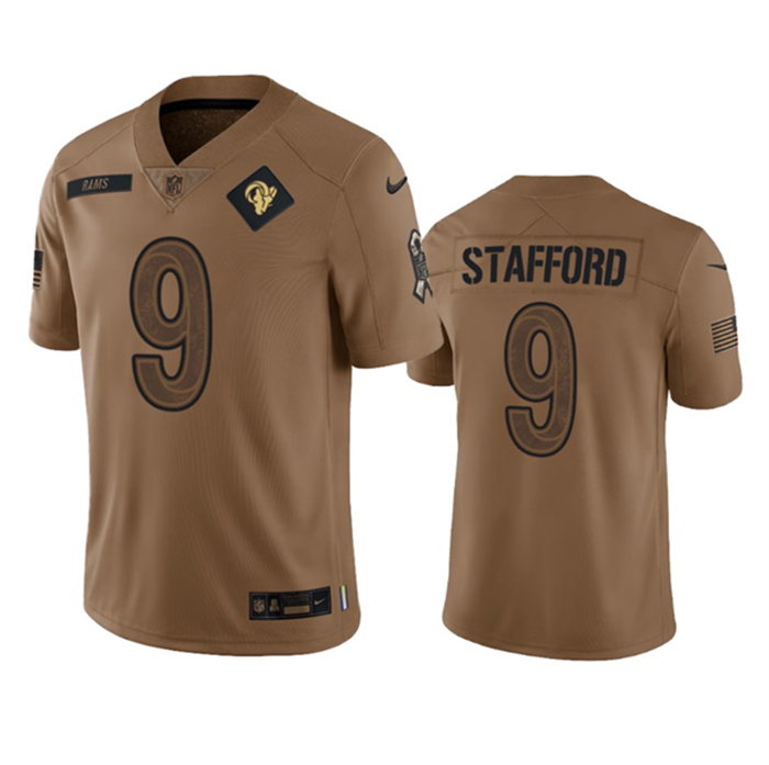 Personalized Men’s Los Angeles Rams #9 Matthew Stafford 2023 Brown Salute To Service Limited Stitched Football Jersey