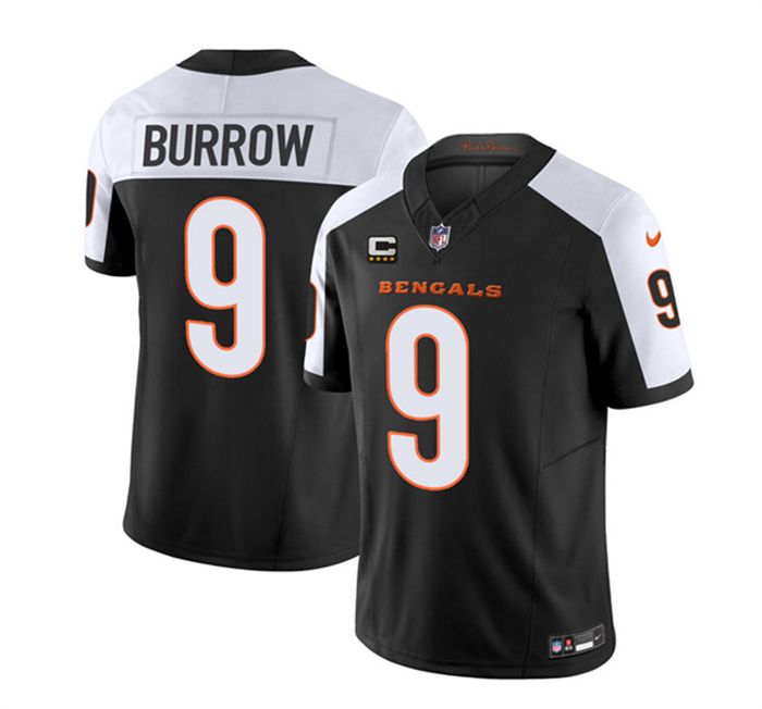 Personalized Men’s Cincinnati Bengals #9 Joe Burrow 2023 F.U.S.E. Black White With 4-Star C Patch Untouchable Limited Stitched Jersey