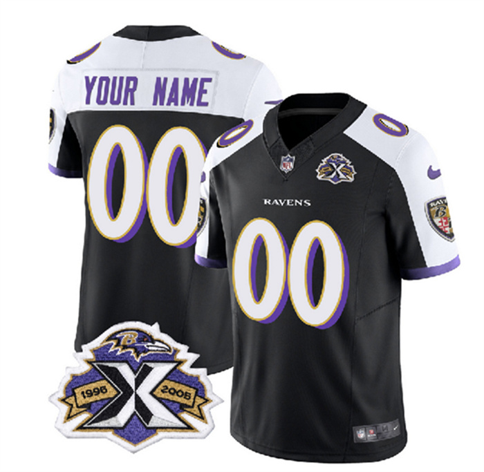 Personalized Men’s Baltimore Ravens Active Player Black White 2023 F.U.S.E With Patch Throwback Limited Jersey