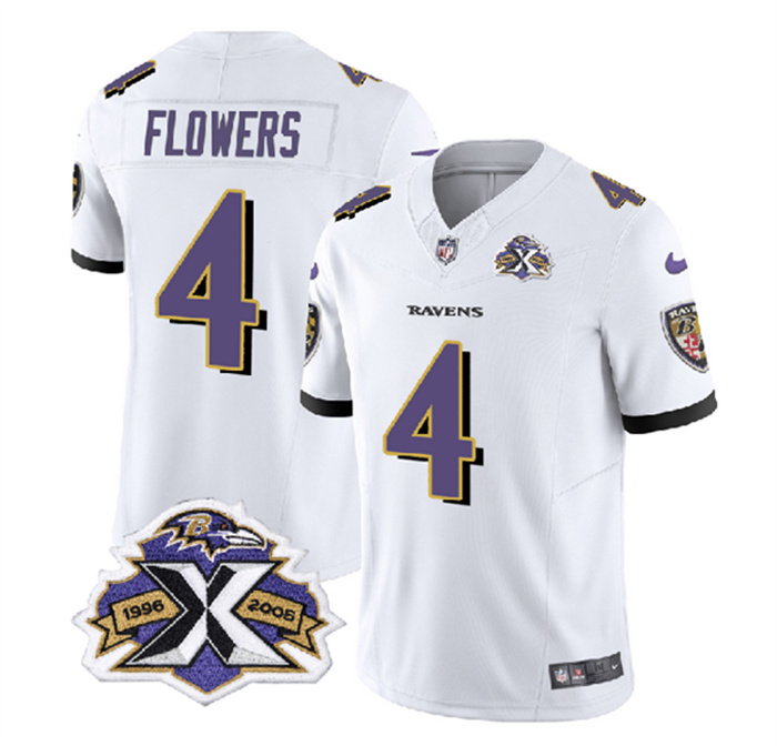 Personalized Men’s Baltimore Ravens #4 Zay Flowers White 2023 F.U.S.E With Patch Throwback Limited Jersey