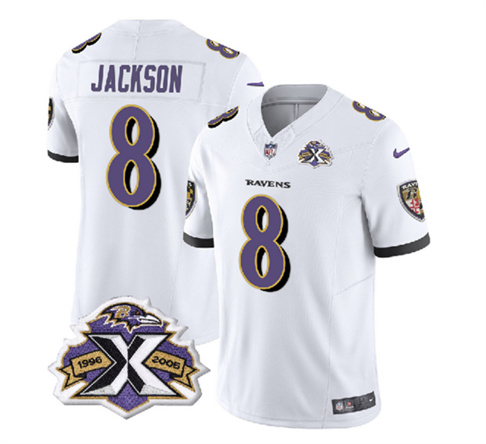 Personalized Men’s Baltimore Ravens #8 Lamar Jackson White 2023 F.U.S.E With Patch Throwback Limited Jersey