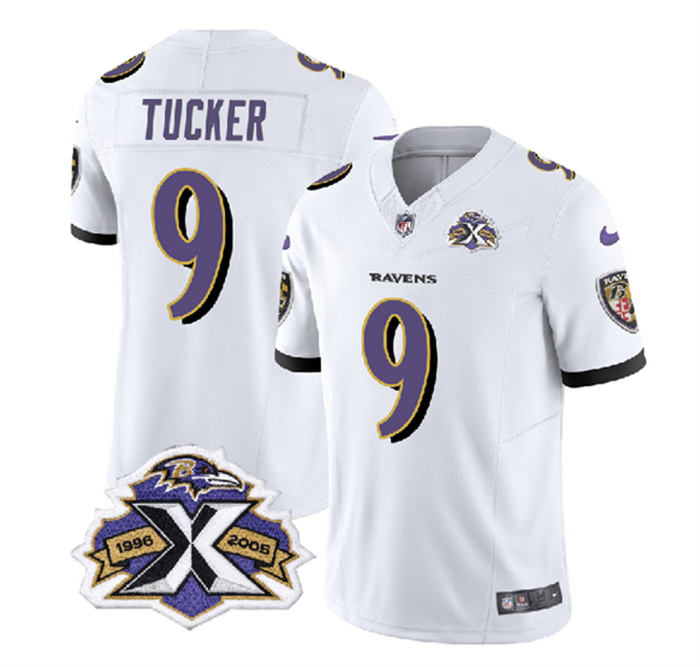 Personalized Men’s Baltimore Ravens #9 Justin Tucker White 2023 F.U.S.E With Patch Throwback Limited Jersey