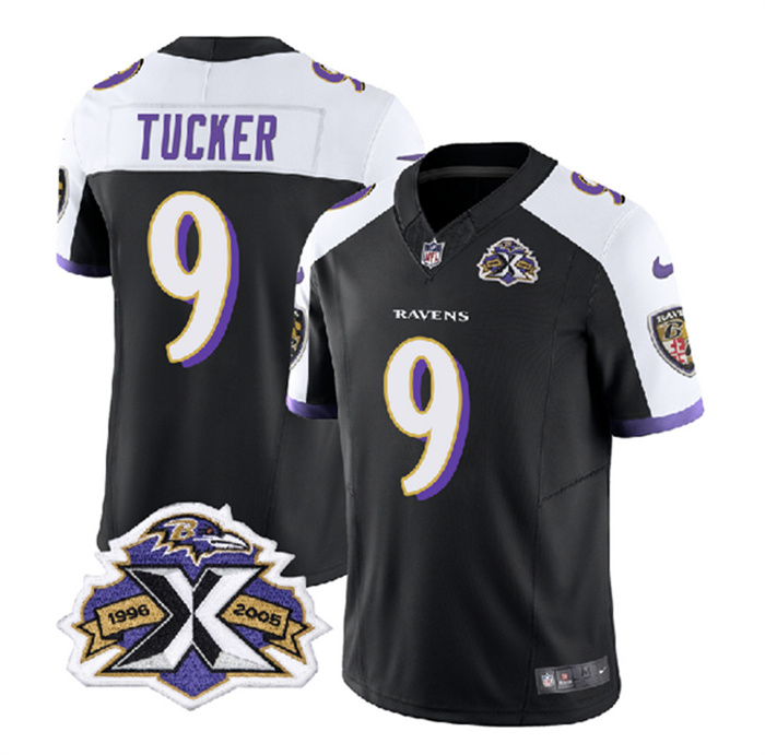 Personalized Men’s Baltimore Ravens #9 Justin Tucker Black White 2023 F.U.S.E With Patch Throwback Limited Jersey