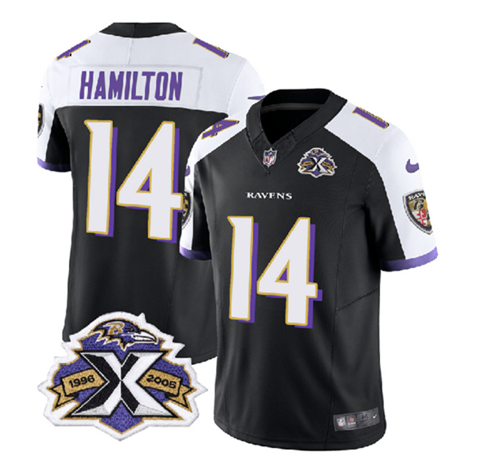 Personalized Men’s Baltimore Ravens #14 Kyle Hamilton Black White 2023 F.U.S.E With Patch Throwback Limited Jersey