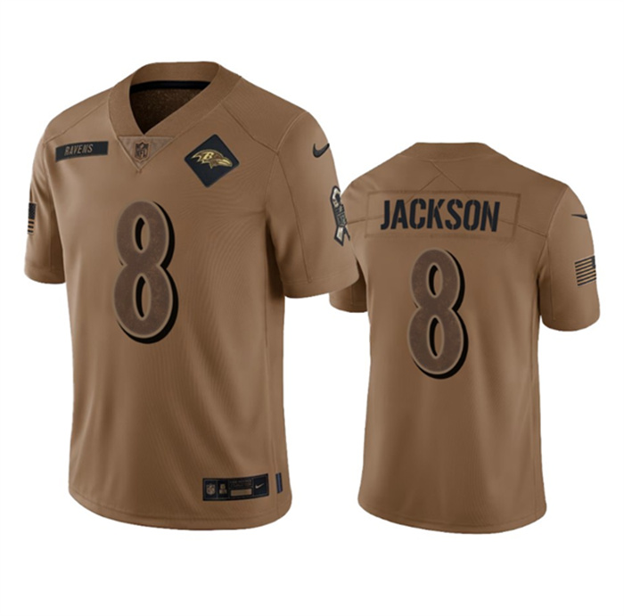 Personalized Men’s Baltimore Ravens #8 Lamar Jackson 2023 Brown Salute To Service Limited Jersey