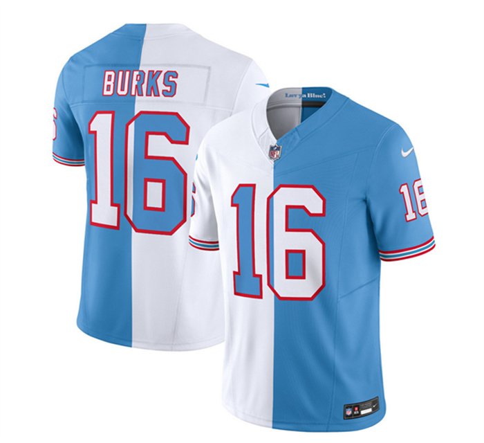 Personalized Men’s Tennessee Titans #16 Treylon Burks White Blue 2023 F.U.S.E. Split Limited Throwback Stitched Football Jersey