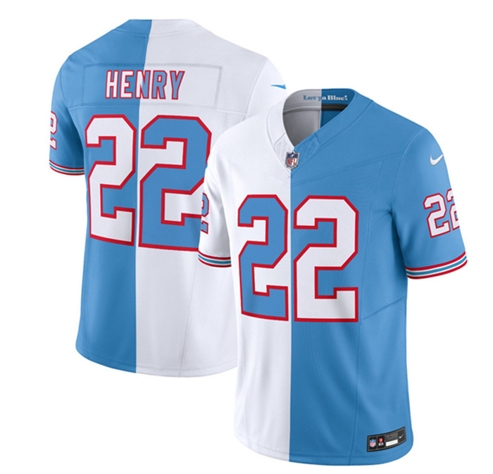 Personalized Men’s Tennessee Titans #22 Derrick Henry White Blue 2023 F.U.S.E. Split Limited Throwback Stitched Football Jersey