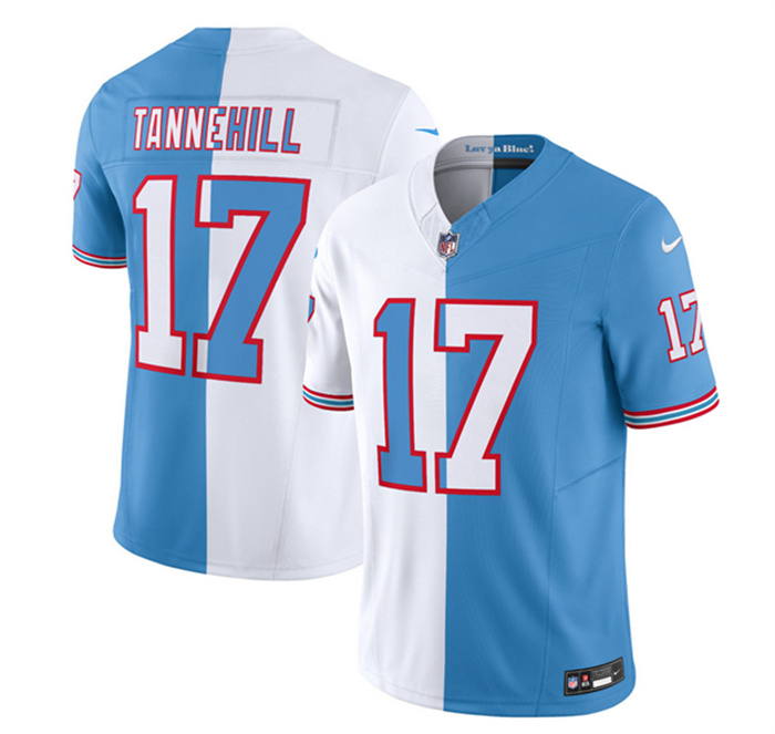 Personalized Men’s Tennessee Titans #17 Ryan Tannehill White Blue 2023 F.U.S.E. Split Limited Throwback Stitched Football Jersey