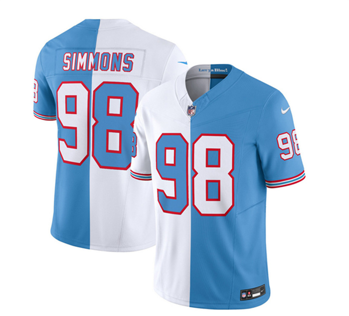 Personalized Men’s Tennessee Titans #98 Jeffery Simmons White Blue 2023 F.U.S.E. Split Limited Throwback Stitched Football Jersey