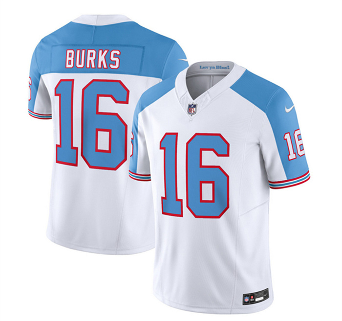 Personalized Men’s Tennessee Titans #16 Treylon Burks White Blue 2023 F.U.S.E. Limited Throwback Stitched Football Jersey