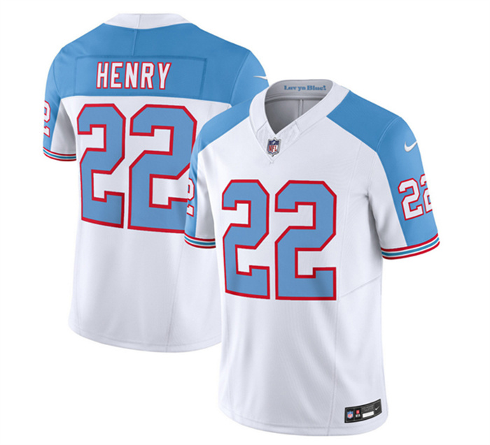 Personalized Men’s Tennessee Titans #22 Derrick Henry White Blue 2023 F.U.S.E. Limited Throwback Stitched Football Jersey