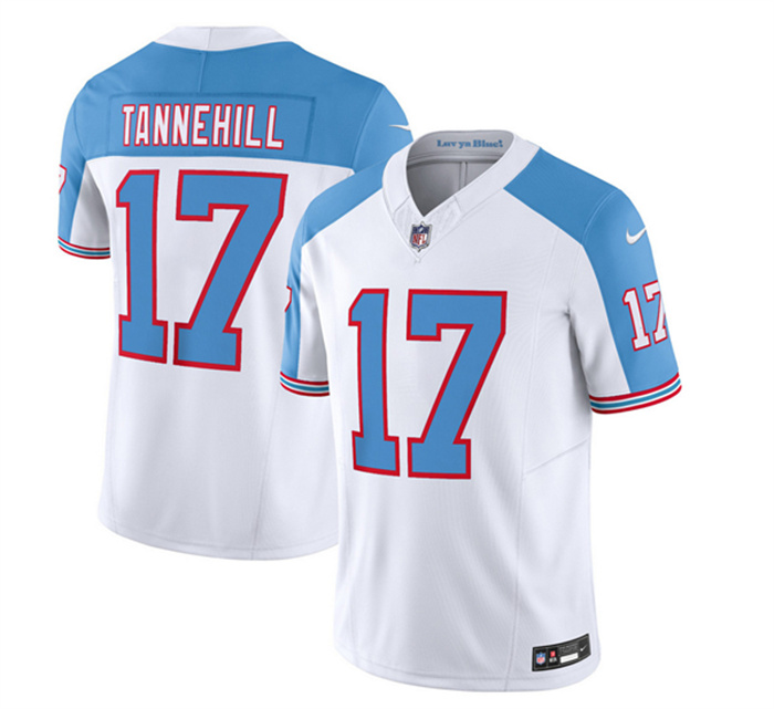 Personalized Men’s Tennessee Titans #17 Ryan Tannehill White Blue 2023 F.U.S.E. Limited Throwback Stitched Football Jersey