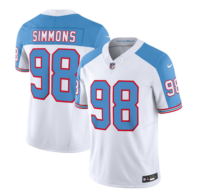 Personalized Men’s Tennessee Titans #98 Jeffery Simmons White Blue 2023 F.U.S.E. Limited Throwback Stitched Football Jersey