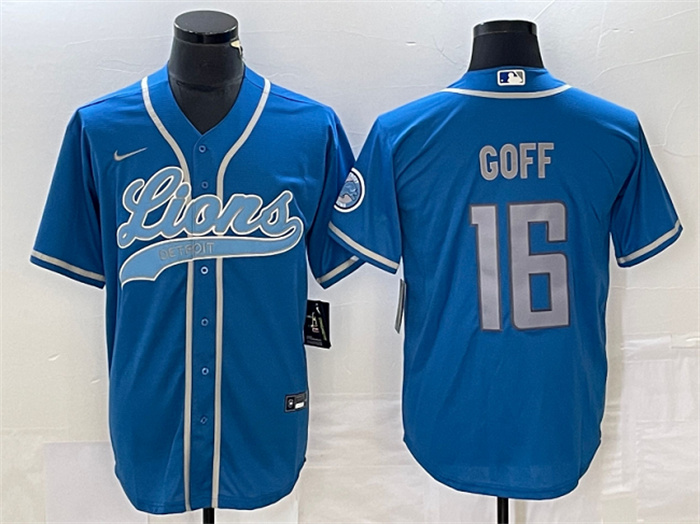 Personalized Men’s Detroit Lions #16 Jared Goff Blue Cool Base Stitched Baseball Jersey