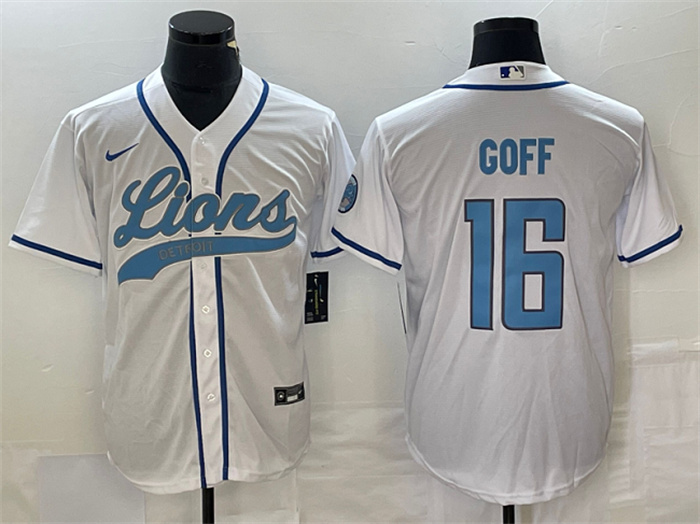 Personalized Men’s Detroit Lions #16 Jared Goff White Cool Base Stitched Baseball Jersey