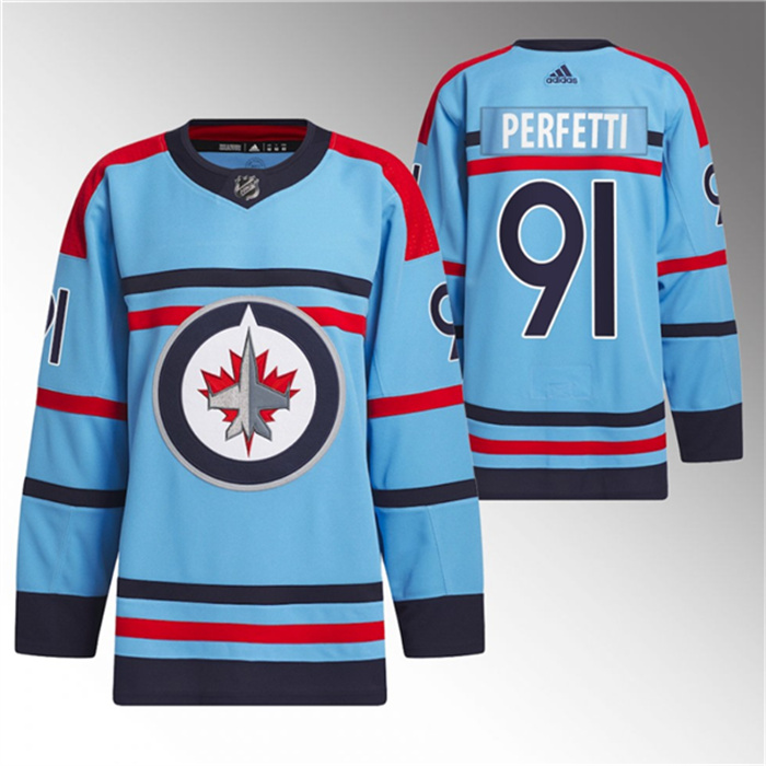 Personalized Men’s Winnipeg Jets #91 Cole Perfetti Light Blue Anniversary Primegreen Stitched Jersey