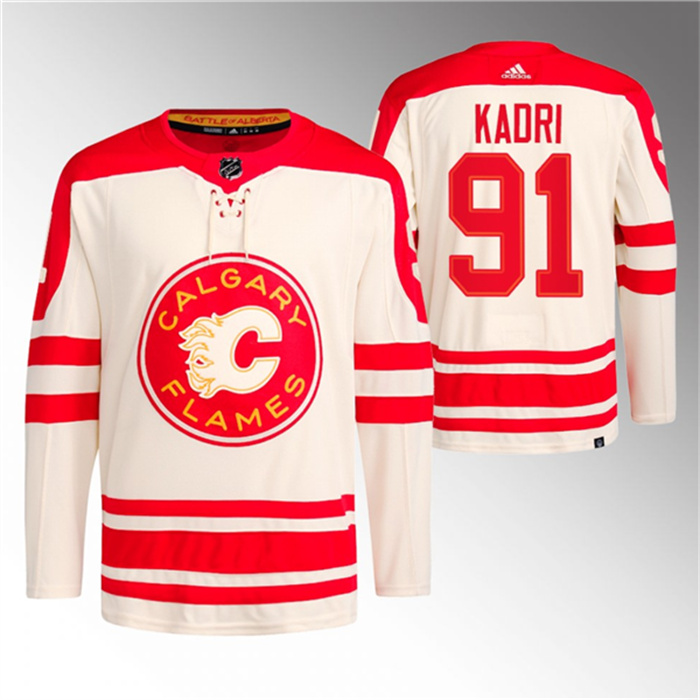 Personalized Men’s Calgary Flames #91 Nazem Kadri 2023 Cream Classic Primegreen Stitched Jersey