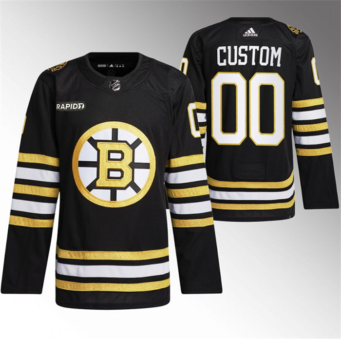 Personalized Men’s Boston Bruins Black With Rapid7 Patch 100th Anniversary Stitched Jersey