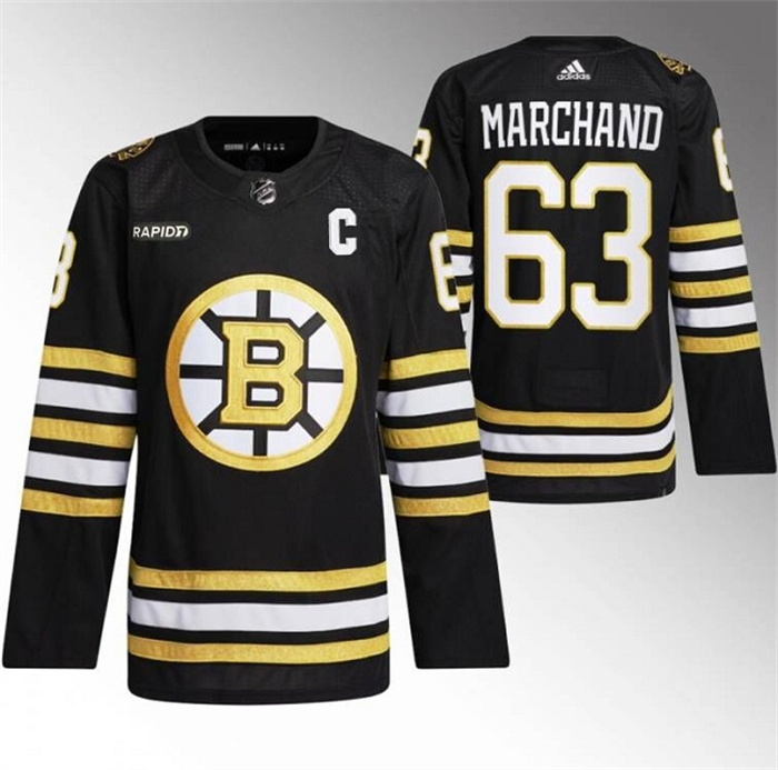 Personalized Men’s Boston Bruins #63 Brad Marchand Black With Rapid7 Patch 100th Anniversary Stitched Jersey