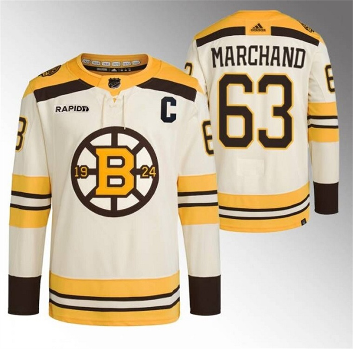 Personalized Men’s Boston Bruins #63 Brad Marchand Cream With Rapid7 Patch 100th Anniversary Stitched Jersey