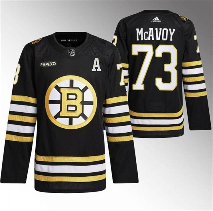 Personalized Men’s Boston Bruins #73 Charlie McAvoy Black With Rapid7 Patch 100th Anniversary Stitched Jersey