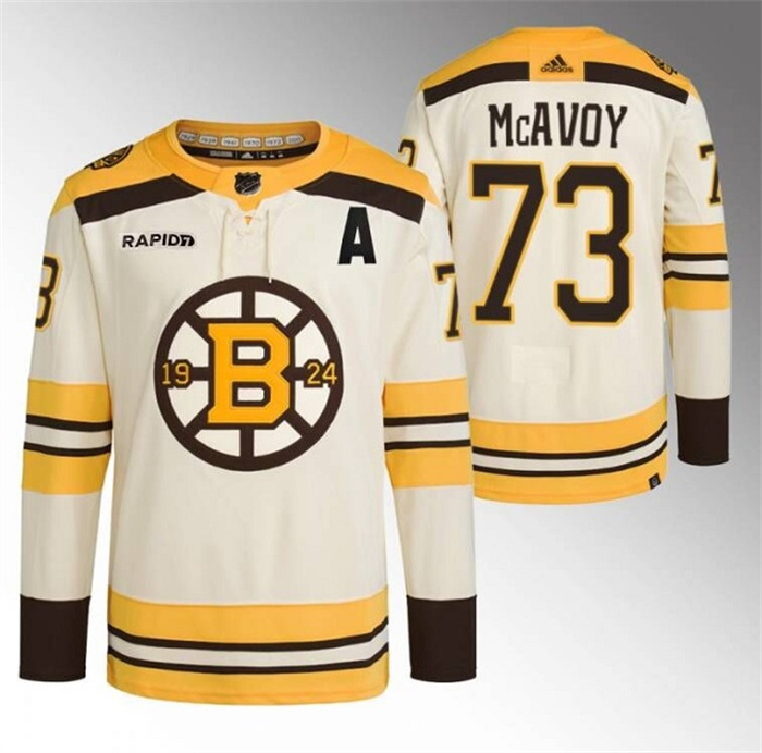 Personalized Men’s Boston Bruins #73 Charlie McAvoy Cream With Rapid7 Patch 100th Anniversary Stitched Jersey