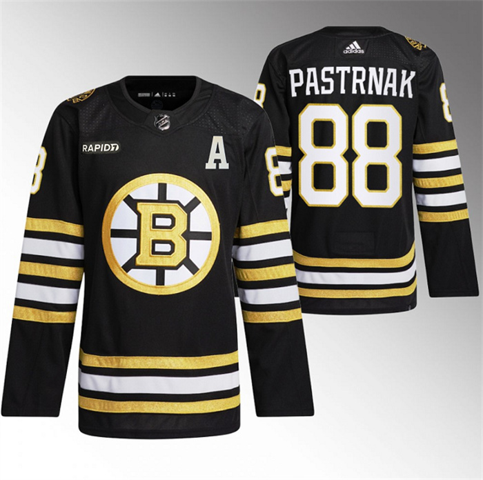Personalized Men’s Boston Bruins #88 David Pastrnak Black With Rapid7 Patch 100th Anniversary Stitched Jersey