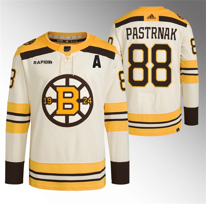 Personalized Men’s Boston Bruins #88 David Pastrnak Cream With Rapid7 Patch 100th Anniversary Stitched Jersey