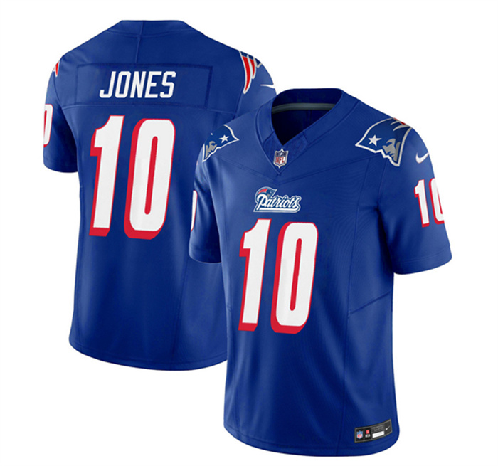 Personalized Men’s New England Patriots #10 Mac Jones Blue 2023 F.U.S.E. Throwback Limited Stitched Football Jersey