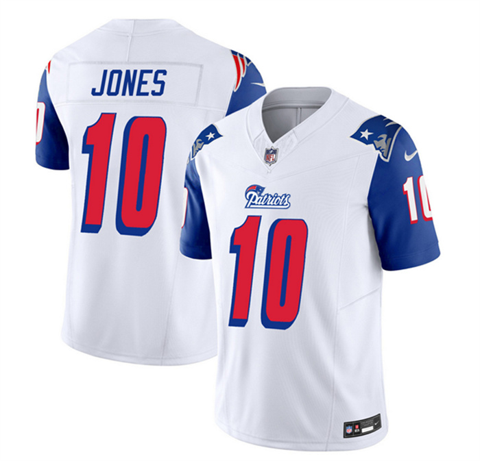 Personalized Men’s New England Patriots #10 Mac Jones White Blue 2023 F.U.S.E. Throwback Limited Stitched Football Jersey