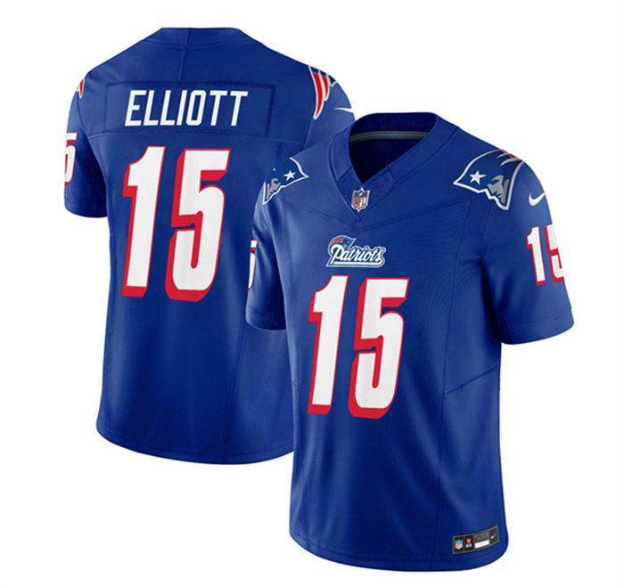 Personalized Men’s New England Patriots #15 Ezekiel Elliott Blue 2023 F.U.S.E. Throwback Limited Stitched Football Jersey