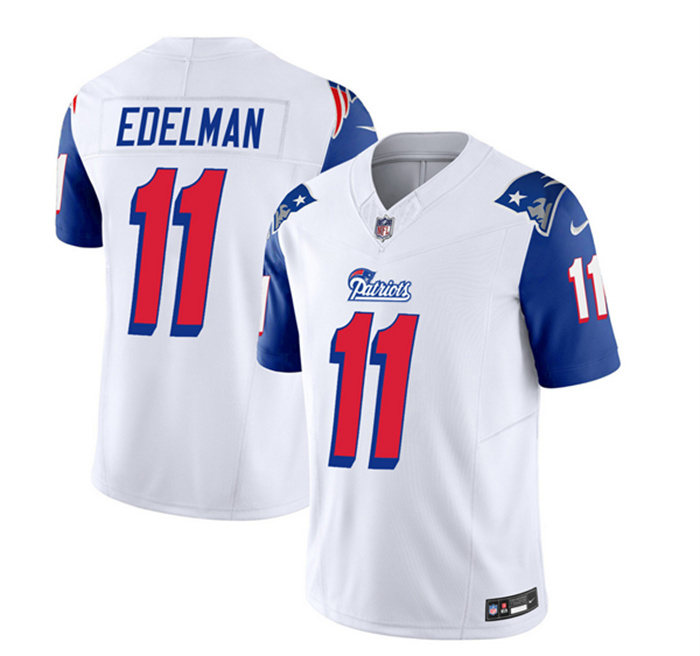 Personalized Men’s New England Patriots #11 Julian Edelman White Blue 2023 F.U.S.E. Throwback Limited Stitched Football Jersey