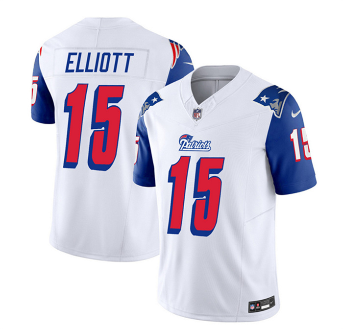 Personalized Men’s New England Patriots #15 Ezekiel Elliott White Blue 2023 F.U.S.E. Throwback Limited Stitched Football Jersey