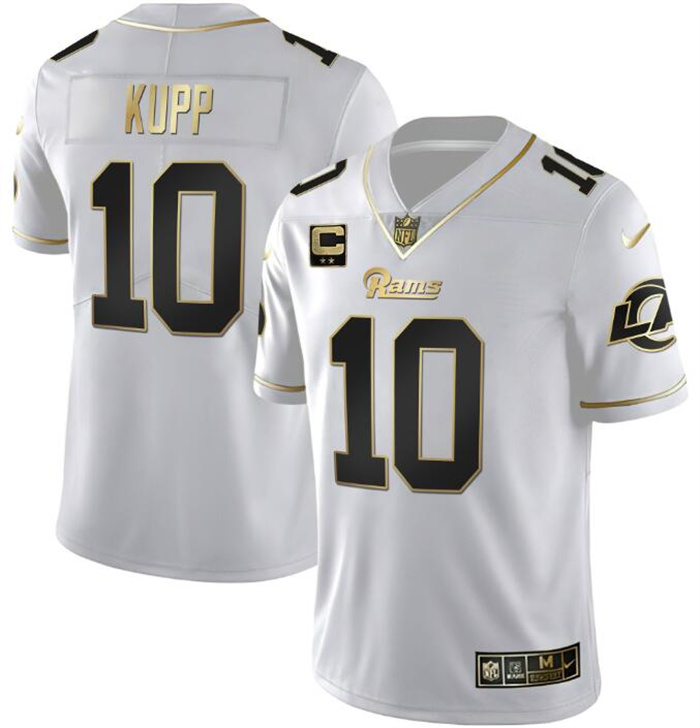 Personalized Men’s Los Angeles Rams #10 Cooper Kupp White Golden With 2-Star Patch Stitched Football Jersey