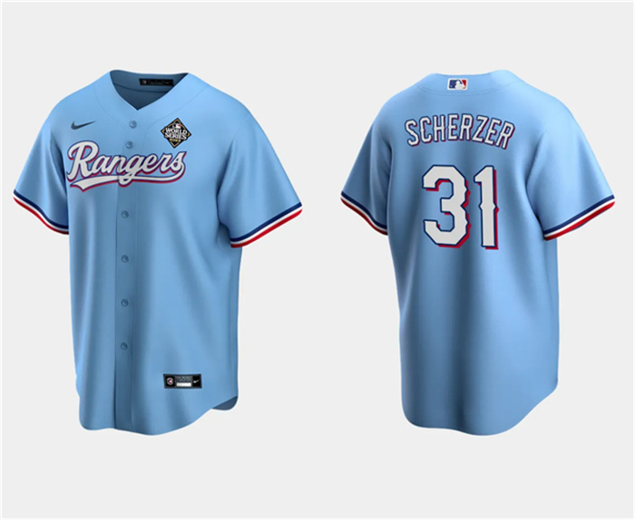 Personalized Men’s Texas Rangers #31 Max Scherzer Blue 2023 World Series Stitched Baseball Jersey