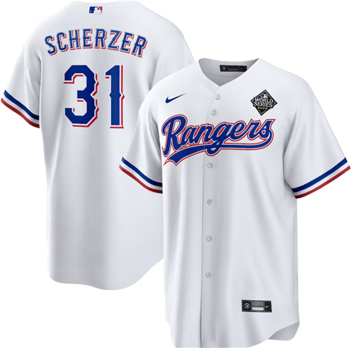 Personalized Men’s Texas Rangers #31 Max Scherzer 2023 White World Series Stitched Baseball Jersey