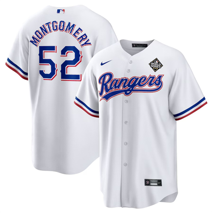 Personalized Men’s Texas Rangers #52 Jordan Montgomery White 2023 World Series Stitched Baseball Jersey
