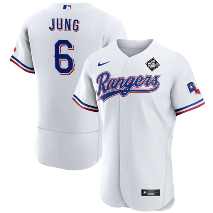 Personalized Men’s Texas Rangers #6 Josh Jung White 2023 World Series Flex Base Stitched Baseball Jersey