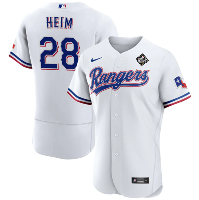 Personalized Men’s Texas Rangers #28 Jonah Heim White 2023 World Series Flex Base Stitched Baseball Jersey