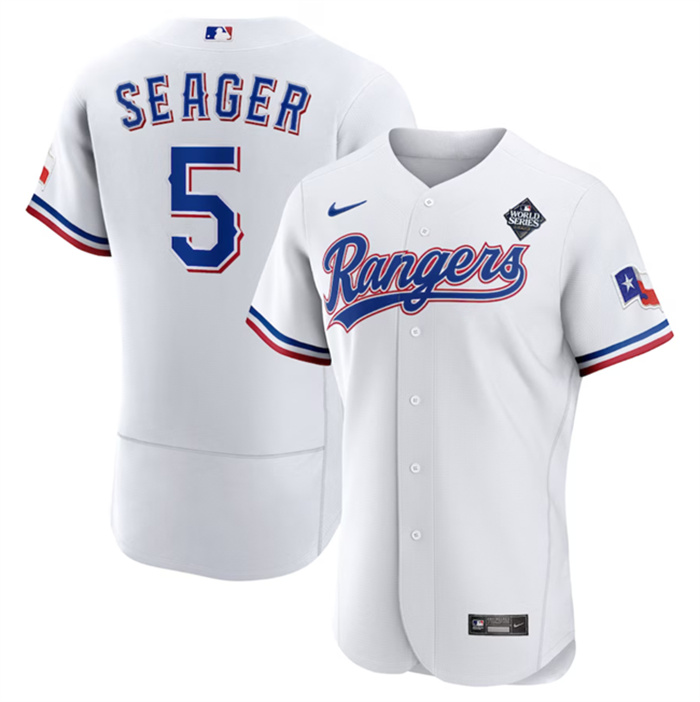 Personalized Men’s Texas Rangers #5 Corey Seager White 2023 World Series Flex Base Stitched Baseball Jersey