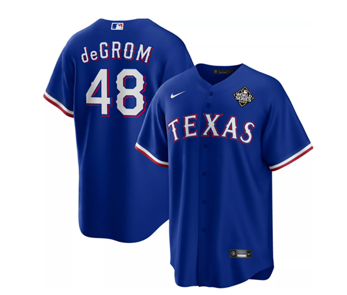Personalized Men’s Texas Rangers #48 Jacob DeGrom Royal 2023 World Series Cool Base Stitched Baseball Jersey